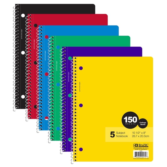 BAZIC 5-SubjeSheets Spiral Notebook, College-Ruled, 150 Sheets, Set of 6