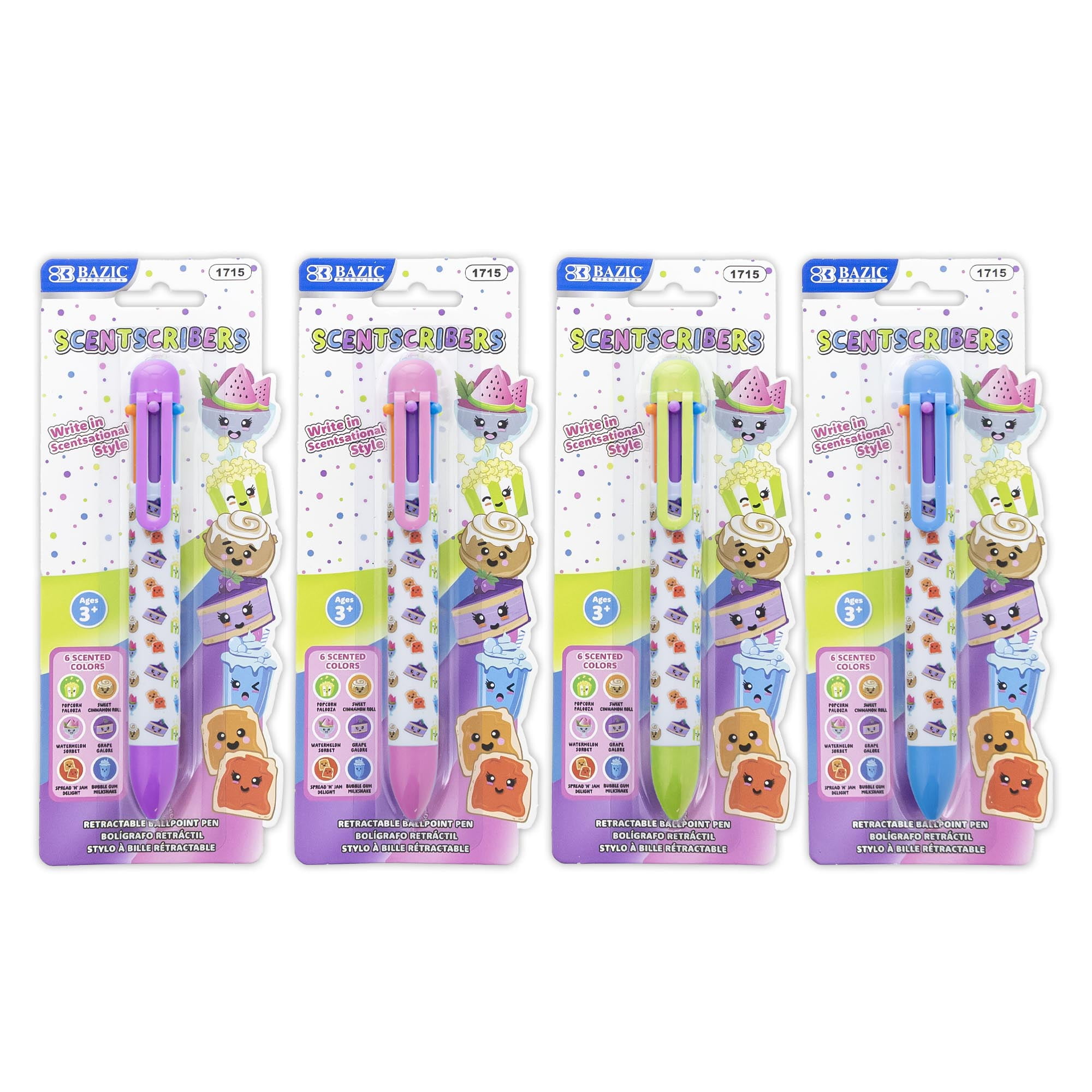 BAZIC 6-Color Scented Ballpoint Pen, 1.0mm Medium Point, Assorted Retractable Multicolor Pen, 24-Packs