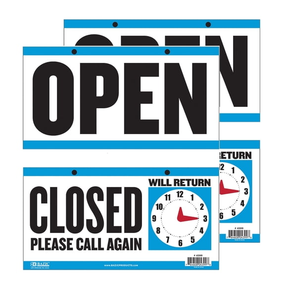 BAZIC 6"x11.5", Closed Clock Sign w/ Open Sign On Back, Double Sides, 2-Packs