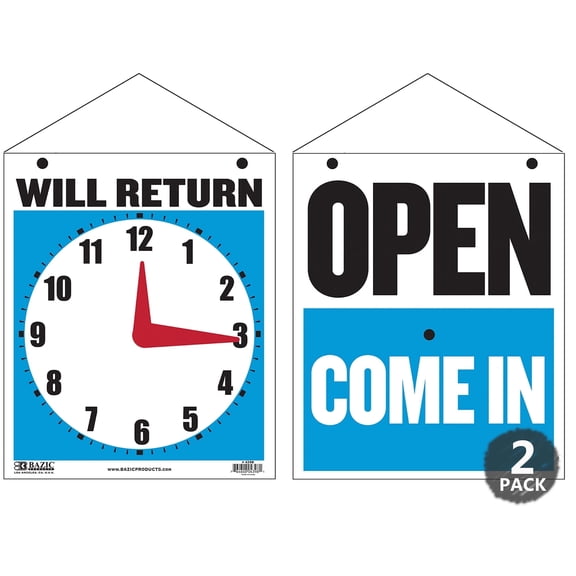 BAZIC 7.5"x9", Will Return Clock Sign w/ Open Sign On Back, Double Sides, 2-Packs