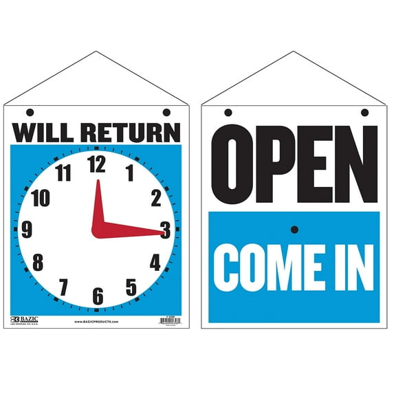 BAZIC 7.5"x9", Will Return Clock Sign w/ Open Sign On Back, Double Sides, 24-Pack