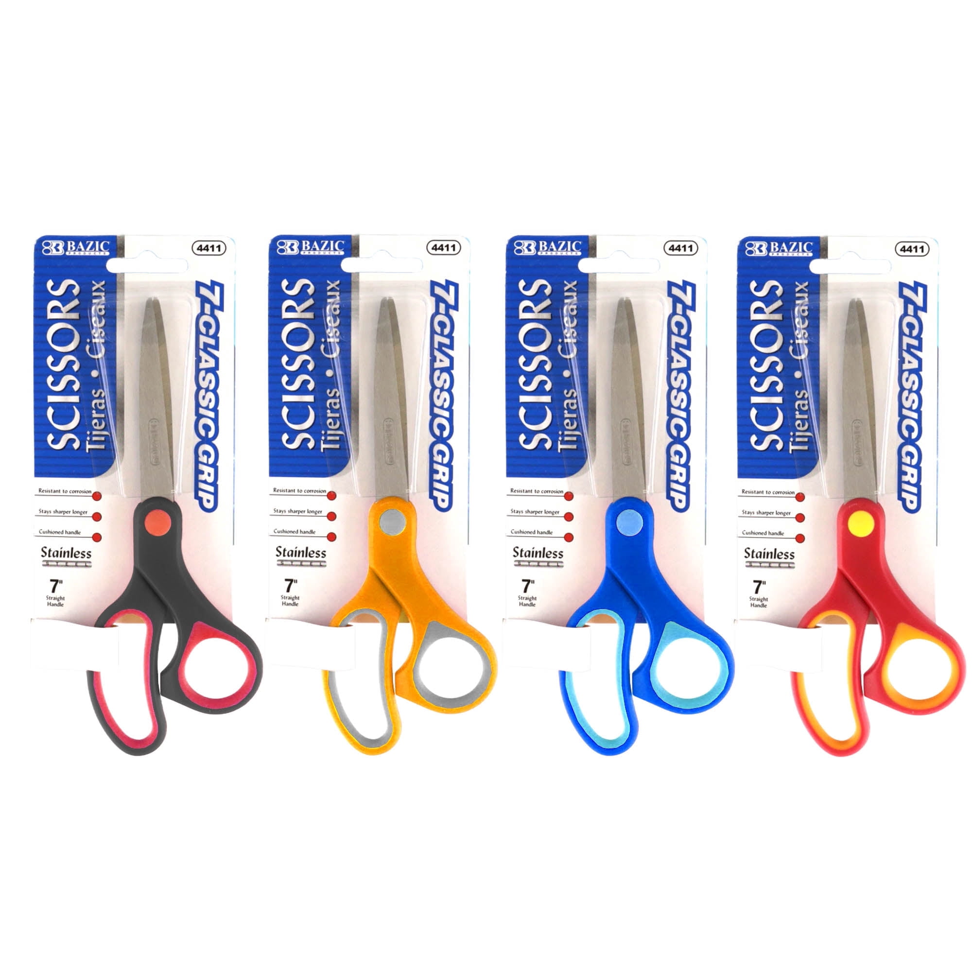 BAZIC 7" Soft Grip Stainless Steel Scissors, Straight Handle, 24-Pack