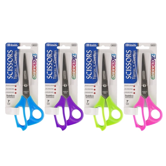 BAZIC 7" Stainless Steel Scissors, Straight Handle, Assorted Color, 24-Pack