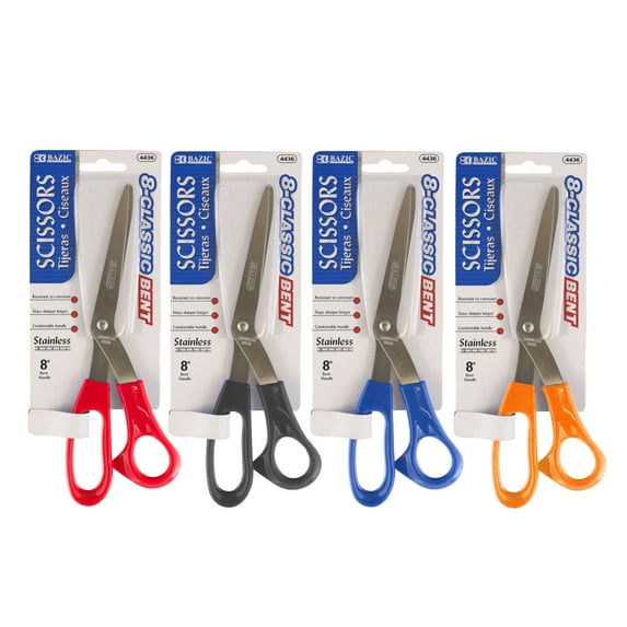 BAZIC 8" Bent Handle Stainless Steel Scissors, Sharp Scissor Blades, 4-Pack