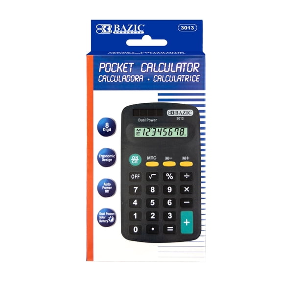 BAZIC 8-Digit Dual Power Calculator Pocket Size, Solar Powered & Battery, Black Color, 24-Packs