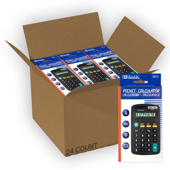 BAZIC 8-Digit Dual Power Calculator Pocket Size, Solar Powered & Battery, Black Color, 24-Packs