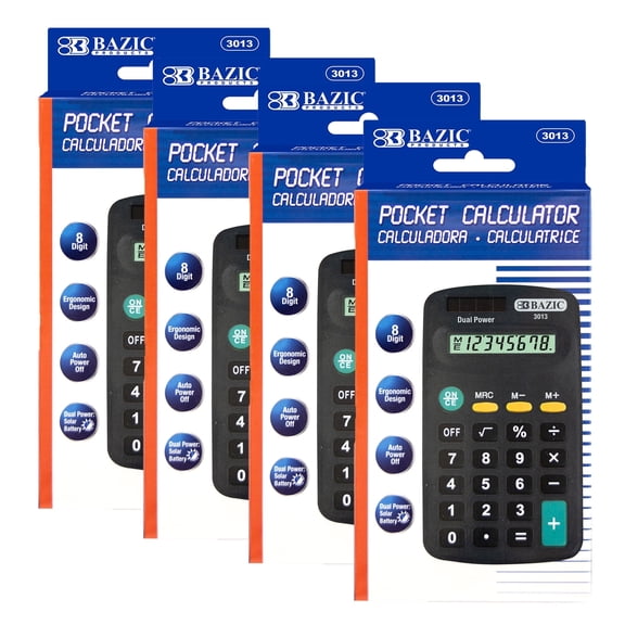 BAZIC 8-Digit Dual Power Calculator Pocket Size, Solar Powered & Battery, Black Color, 4-Packs