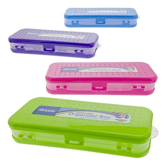 BAZIC 8" Double Deck Organizer, Plastic Pencil Case, Bright Color, 4-Pack