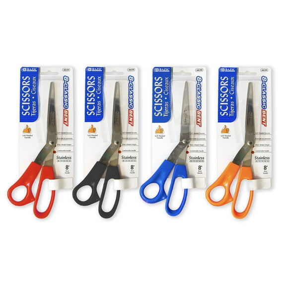 BAZIC 8" Left Handed Bent Stainless Steel Scissors, Sharp Scissor Blades, 4-Pack