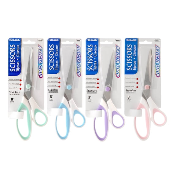 BAZIC 8" Pastel Stainless Steel Scissors, Soft Grip, Sharp Scissor Blades, 4-Pack
