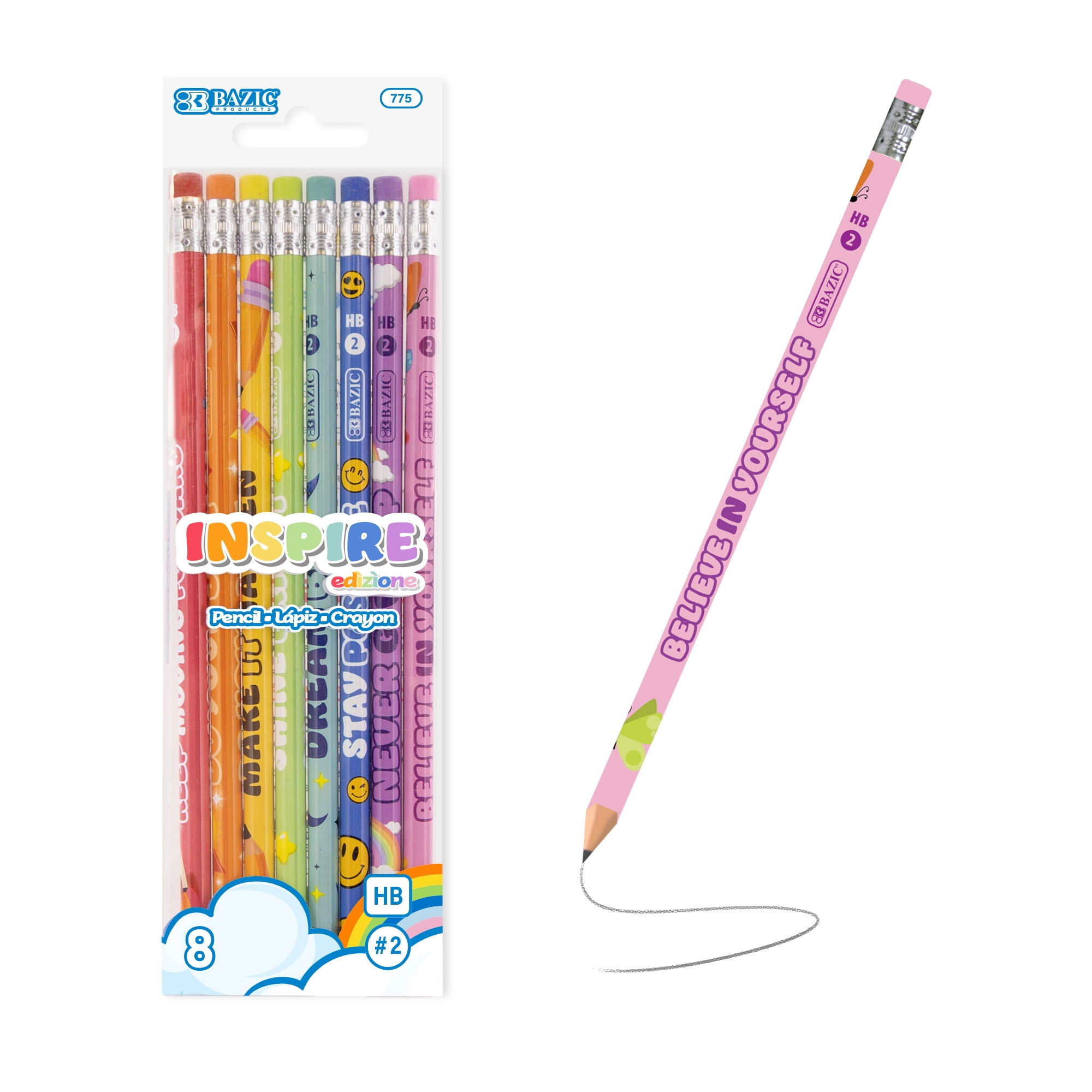 BAZIC Products Motivational Pencils w/Eraser 24 Packs (192 Pcs), Inspirational School Pencils for Students Classroom Cute Fun Wood Pencil