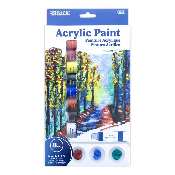BAZIC Acrylic Paint 8 Colors 0.4 oz/12 ml, Non-Toxic Craft Paint Set, 1-Pack