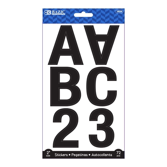 BAZIC Alphabet Numbers Stickers Black 2" A to Z 0 to 9 Sticker (72/Pack), 1-Pack