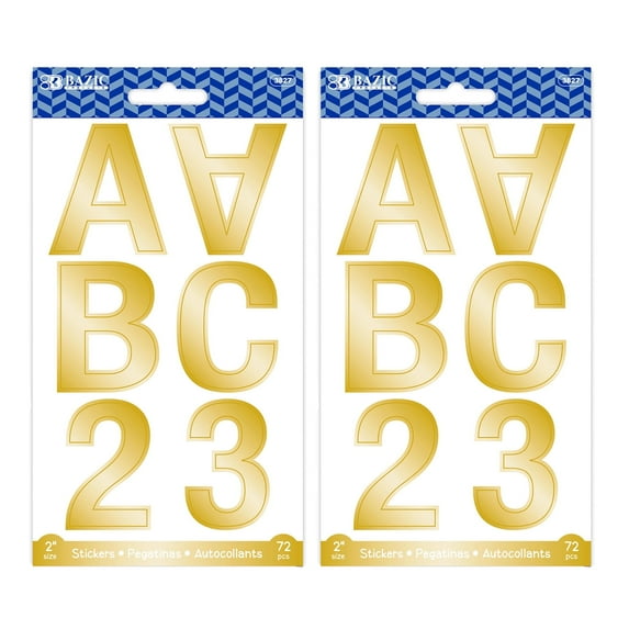BAZIC Alphabet Numbers Stickers Gold 2" A to Z 0 to 9 Sticker (72/Pack), 2-Packs