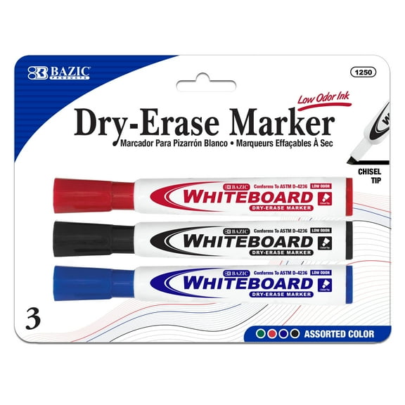 BAZIC Assorted Chisel Tip Dry Erase Markers, Low-Odor, 3 Count
