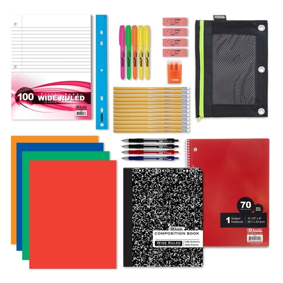 BAZIC Back to School Kit 33 Count Bundle Box for Student K-12, Composition Book Portfolio Pencils Sharpener Binder Pouch, SPEC COLOR MAY VARY, 1-Pack