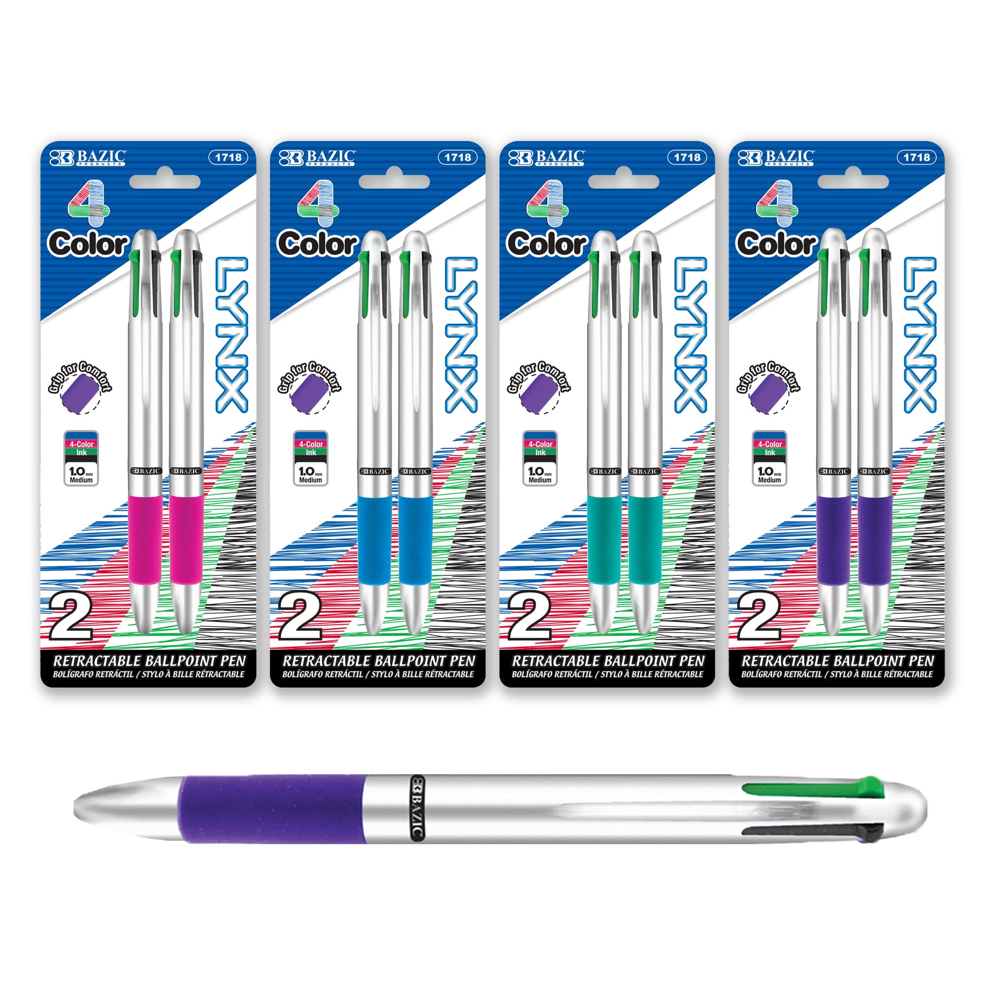 BAZIC Ballpoint 4-Color Retractable Pen Soft Grip, 1.0mm, (2/Pack), 24-Pack