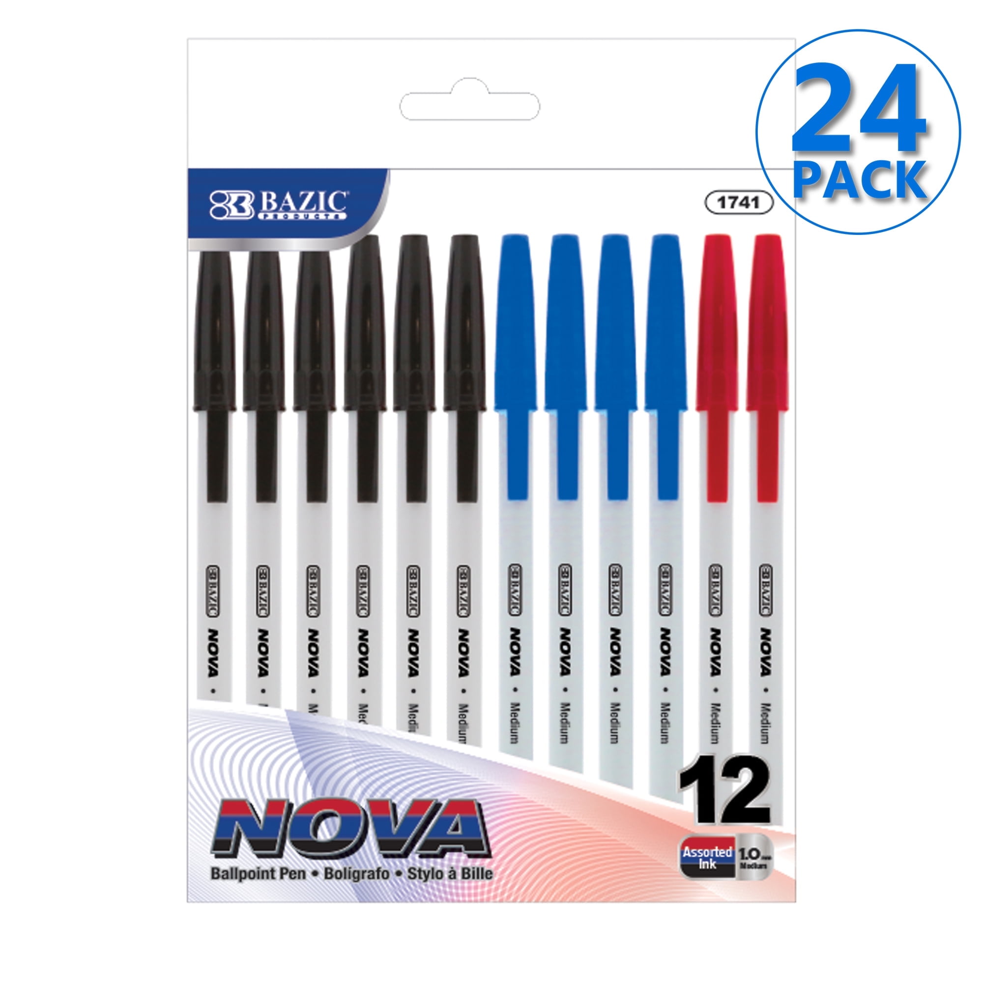 BAZIC Ballpoint Nova Assorted Color Stick Pens, 1.0mm, (12/Pack), 24-Pack