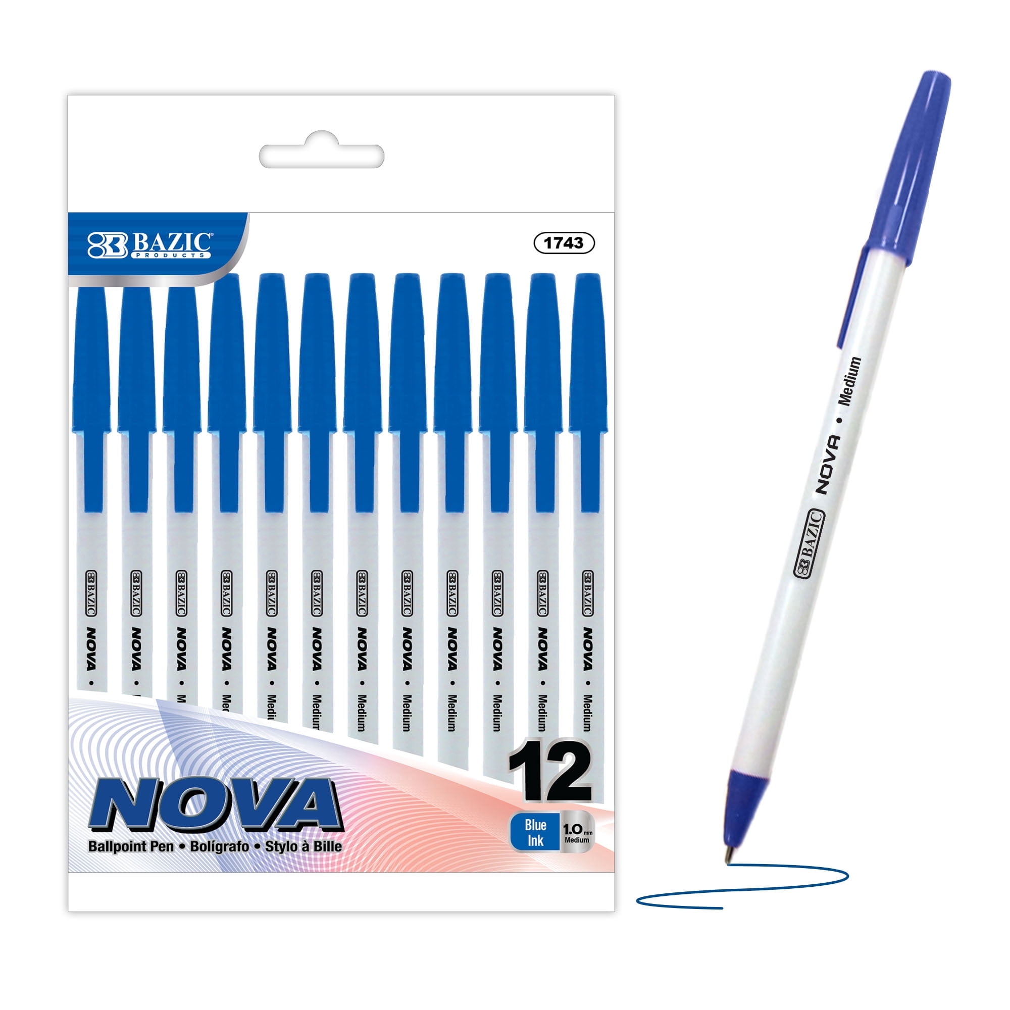 BAZIC Ballpoint Nova Blue Color Stick Pens, 1.0 mm, (12/Pack), 1-Pack