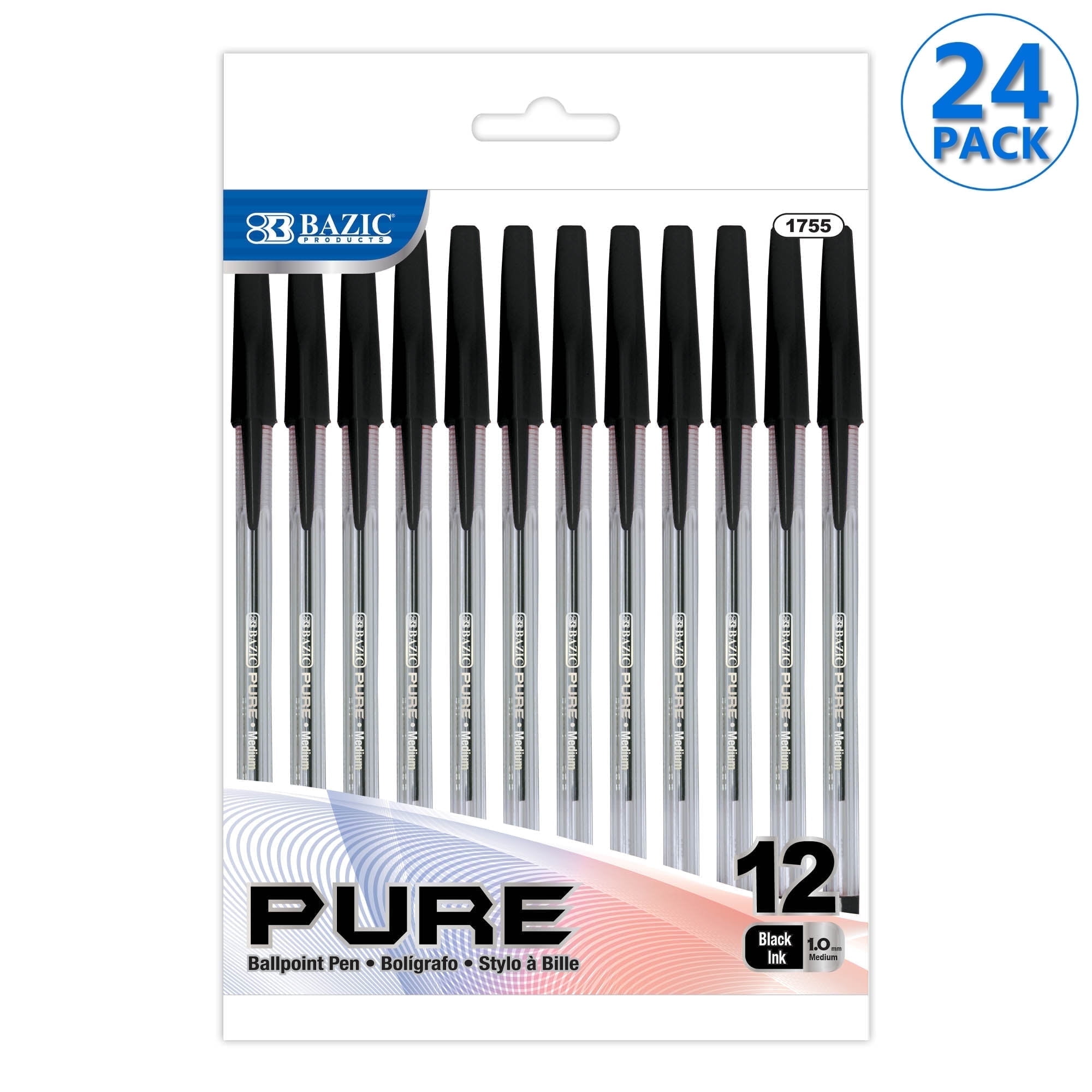 BAZIC Ballpoint Pen Pure Black Color Stick Pens, 1.0 mm, (12/Pack), 24-Pack