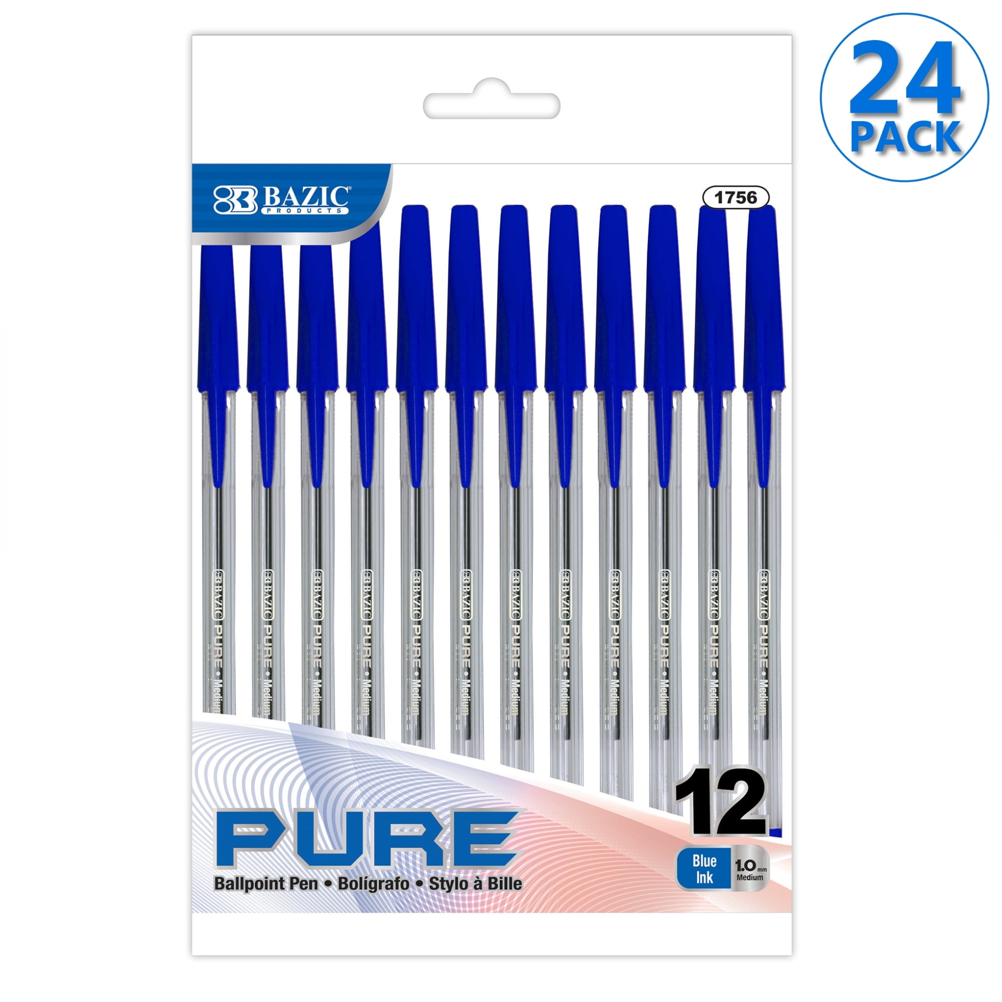 BAZIC Ballpoint Pen Pure Blue Color Stick Pens, 1.0 mm, (12/Pack), 24-Pack