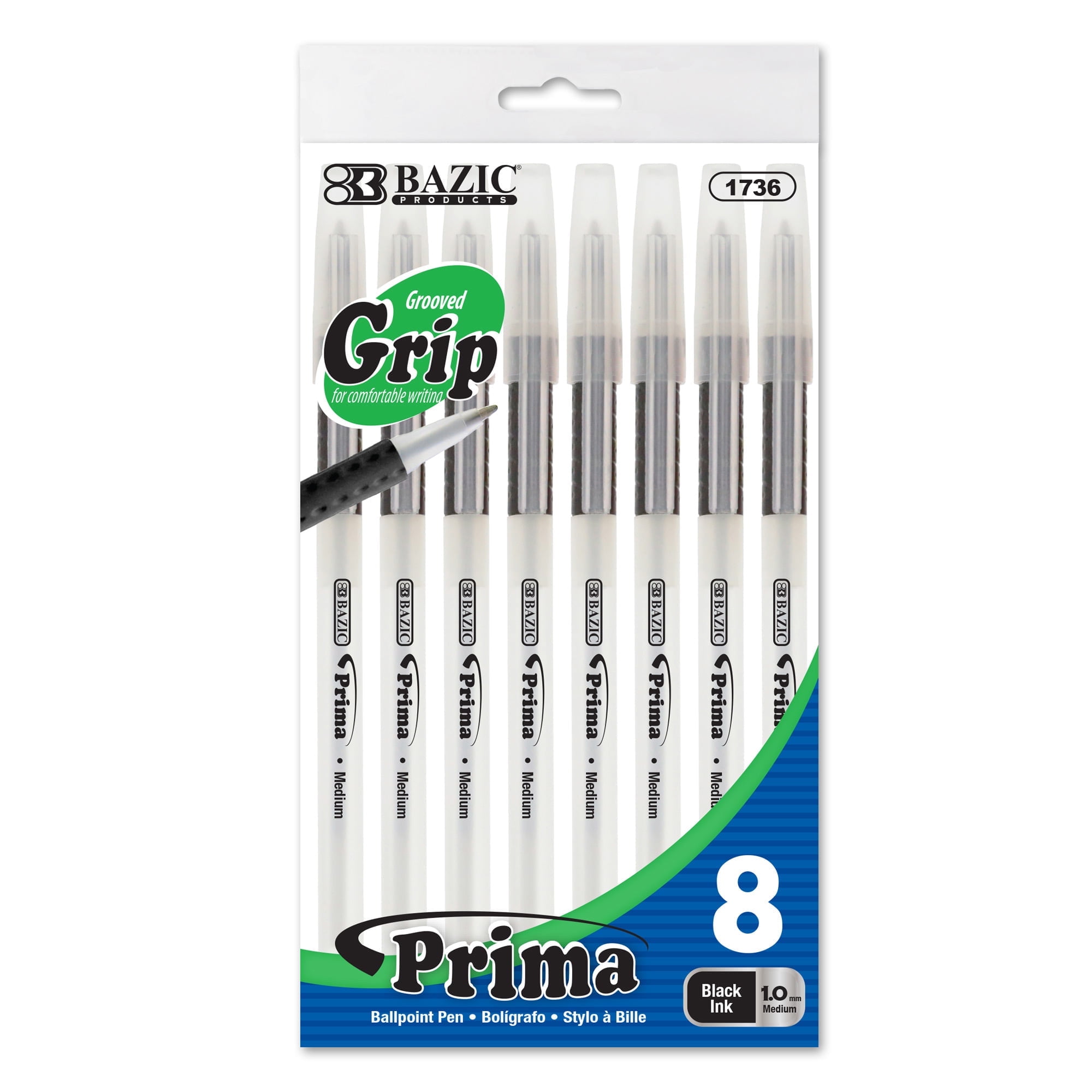 BAZIC Ballpoint Prima Black Stick Pens, Soft Grip 1.0 mm, (8/Pack), 1-Pack