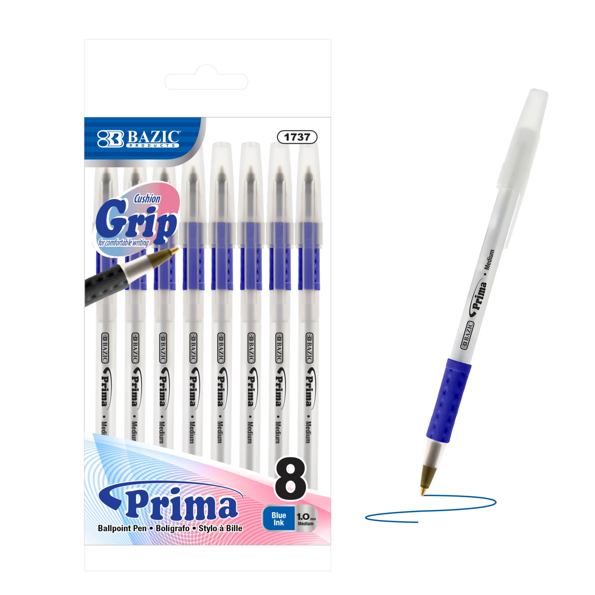 BAZIC Ballpoint Prima Blue Stick Pens, Soft Grip 1.0 mm, (8/Pack), 1-Pack