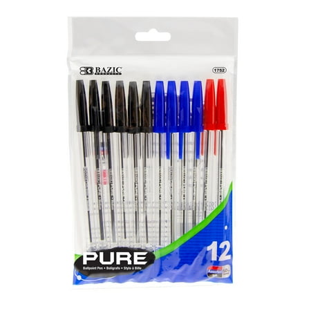 BAZIC Ballpoint Pure Assorted Color Stick Pens, 1.0 mm, (12/Pack), 1-Pack
