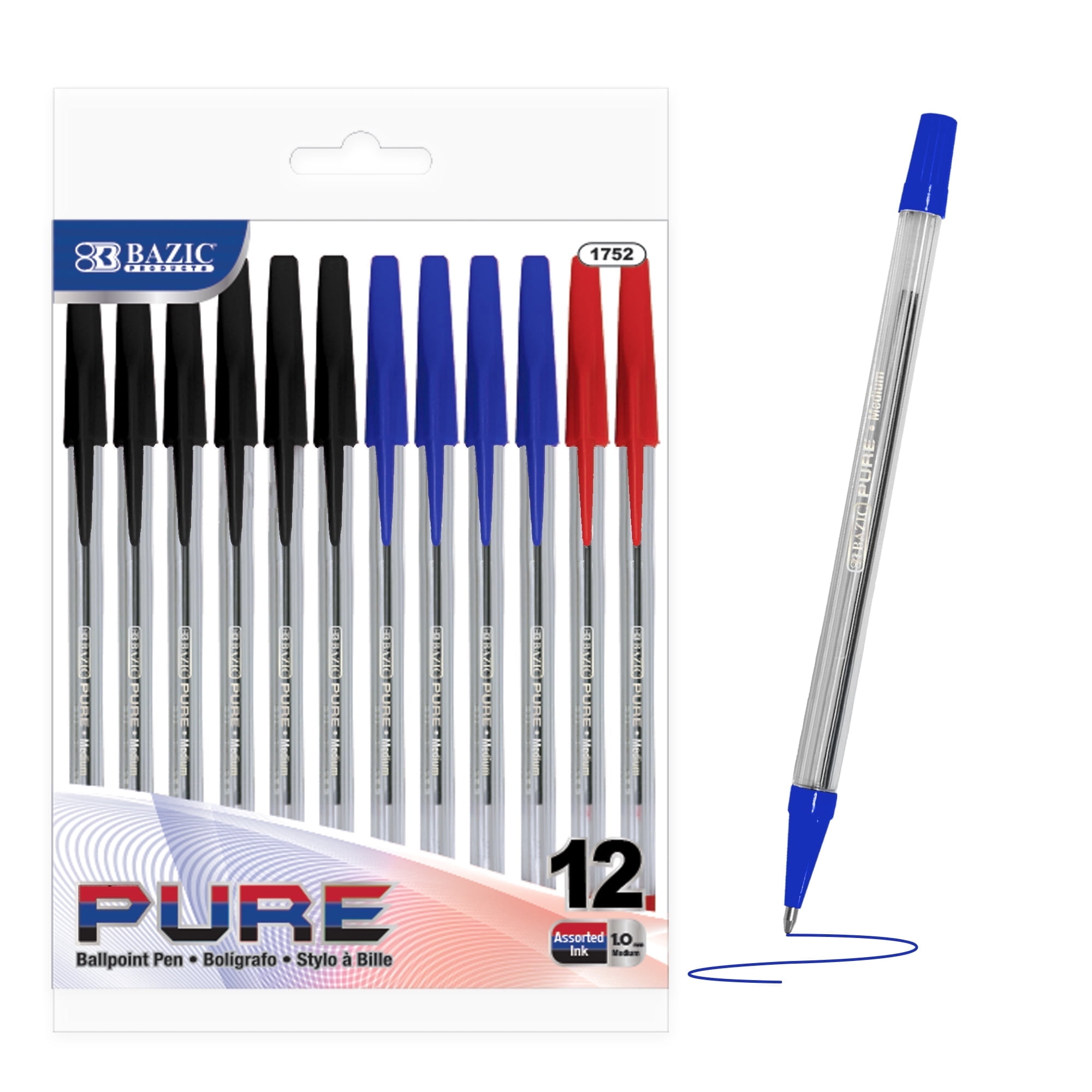 BAZIC Ballpoint Pure Assorted Color Stick Pens, 1.0 mm, (12/Pack), 24-Pack