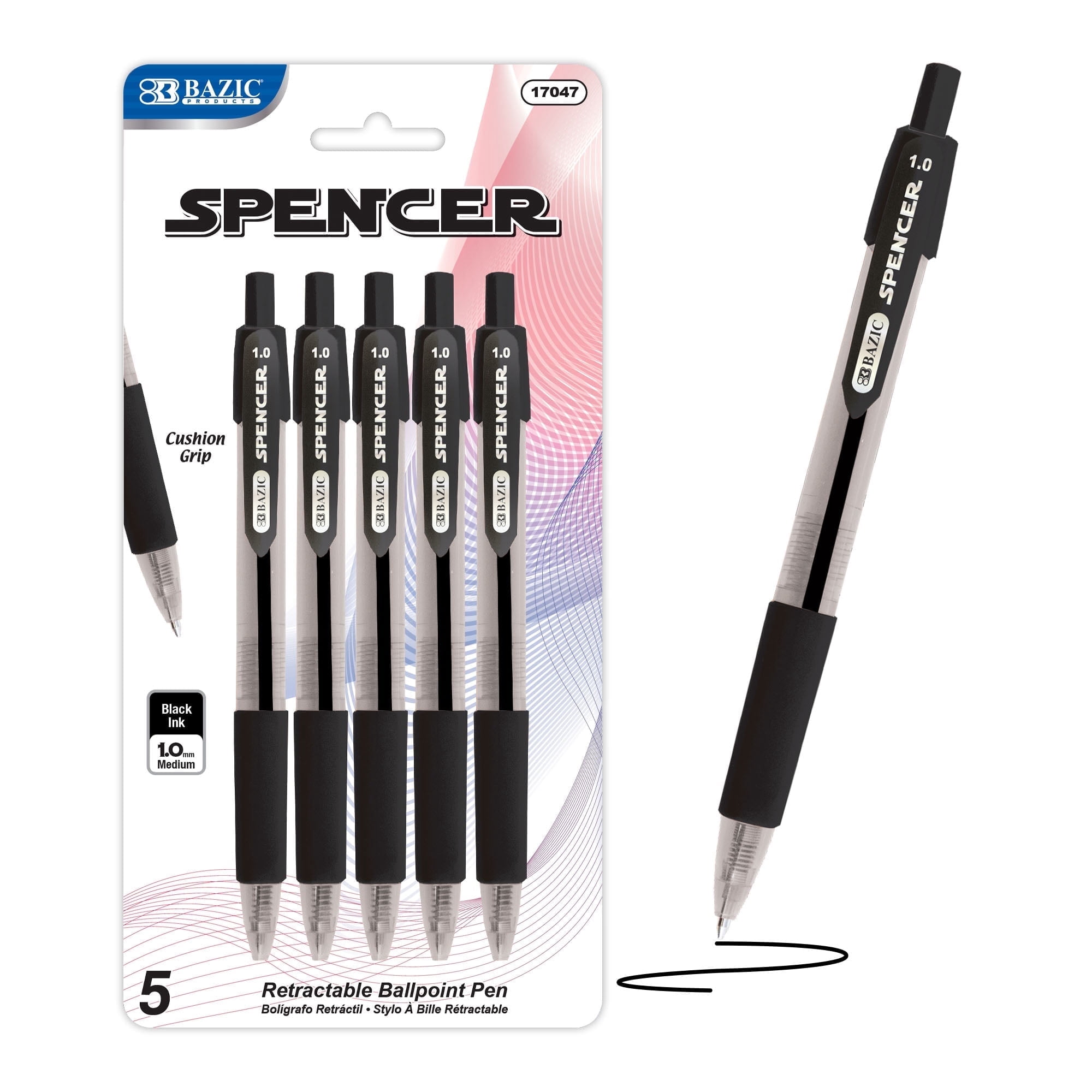BAZIC Ballpoint Spencer Black Retractable Pen Soft Grip 1.0 mm, (5/Pack), 24-Pack