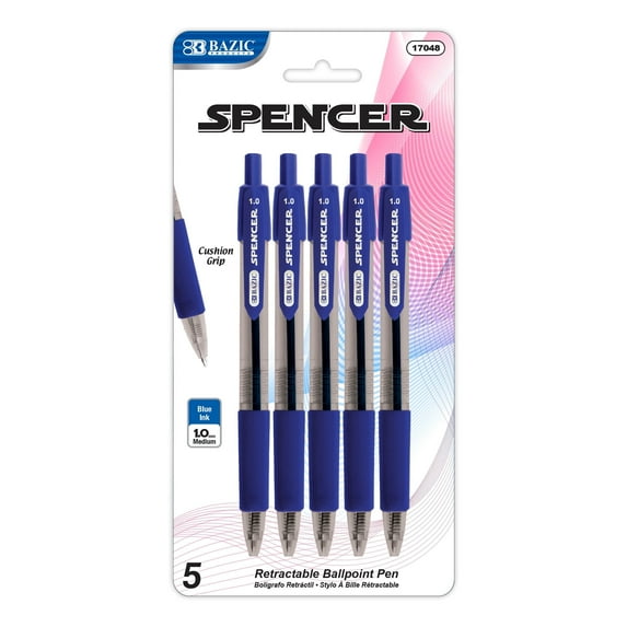 BAZIC Ballpoint Spencer Blue Retractable Pen Soft Grip 1.0 mm, (5/Pack), 1-Pack