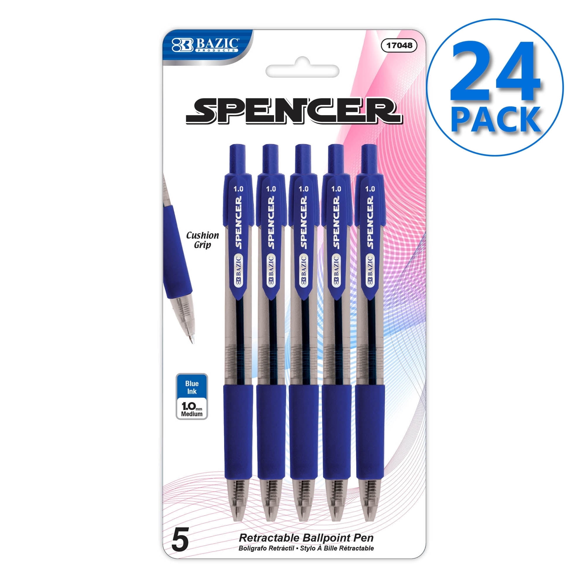 BAZIC Ballpoint Spencer Blue Retractable Pen Soft Grip 1.0 mm, (5/Pack), 24-Pack
