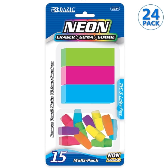 BAZIC Neon Erasers & Eraser Caps Set, Latex-Free, 15 Pieces