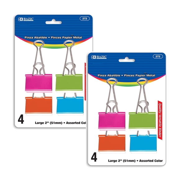 BAZIC Binder Clips Large 2 Inch (51mm) Assorted Color Paper Clip (4/Pack), 2-Packs