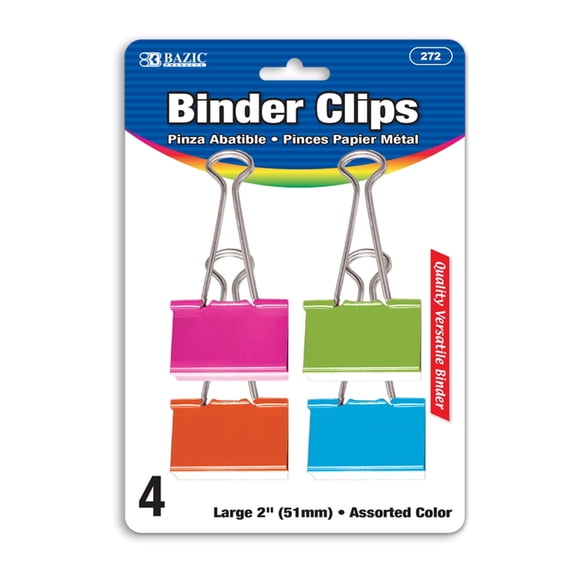 BAZIC Large 2" (51mm) Assorted Color Binder Clip (4/Pack) [272]