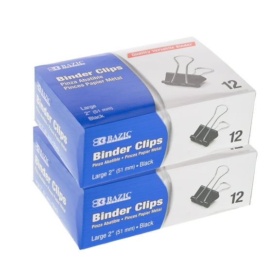 BAZIC Binder Clips Large 2 Inch (51mm) Black, Paper Clips (12/Pack), 2-Packs