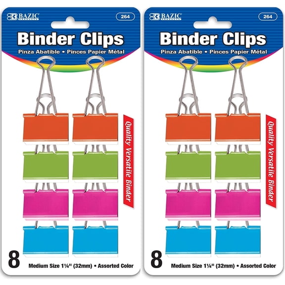 BAZIC Binder Clips Medium 1 1/4" (32mm) Asst Color, Paper Clip(8/Pack), 2-Packs