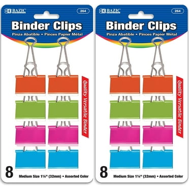 BAZIC Binder Clips Medium 1 1/4" (32mm) Asst Color, Paper Clip(8/Pack), 2-Packs