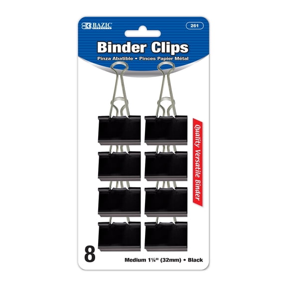 BAZIC Binder Clips Medium 1 1/4" (32mm) Black, (8/Pack), 1-Pack