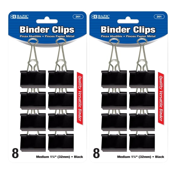 BAZIC Binder Clips Medium 1 1/4" (32mm) Black, (8/Pack), 2-Packs