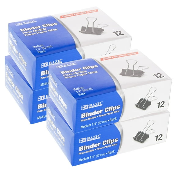 BAZIC Binder Clips Medium 1 1/4" (32mm) Black Paper Clip (12/Box), 4-Packs