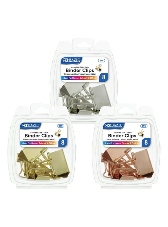 BAZIC Binder Clips Metallic Color Small Large Paper Clips (8/Pack), 3-Packs