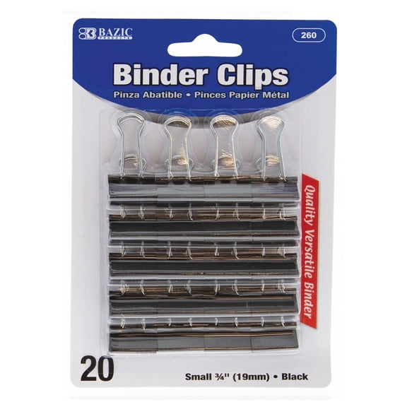 BAZIC Binder Clips Small Black 3/4" (19mm) Clip (20/Pack), 1-Pack