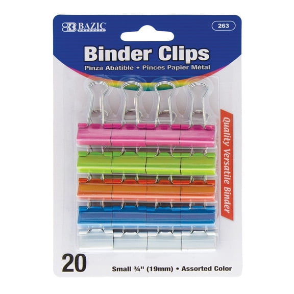 BAZIC Binder Clips Small Multi Color 3/4" (19mm) Paper Clamps(20/Pack), 1-Pack