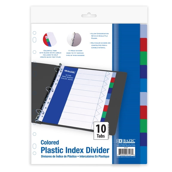 BAZIC Binder Dividers 10 Color Tabs 11 Hole Index Tab, (10/Pack), 1-Pack
