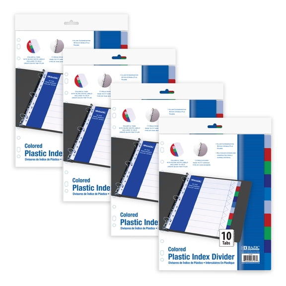BAZIC Binder Dividers 10 Color Tabs 11 Hole Index Tab, (10/Pack), 4-Pack