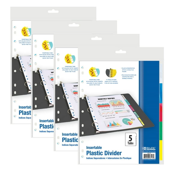 BAZIC Binder Dividers 5 Insertable Color Index Tabs, 11 Hole (5/Pack), 4-Pack
