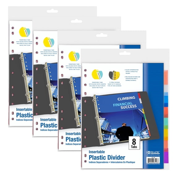 BAZIC Binder Dividers 8 Insertable Color Index Tabs 11 Hole (8/Pack), 4-Pack