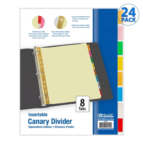 BAZIC Binder Dividers Canary Paper Insertable Color Tabs, 11 Hole Index Divider, 192 Count