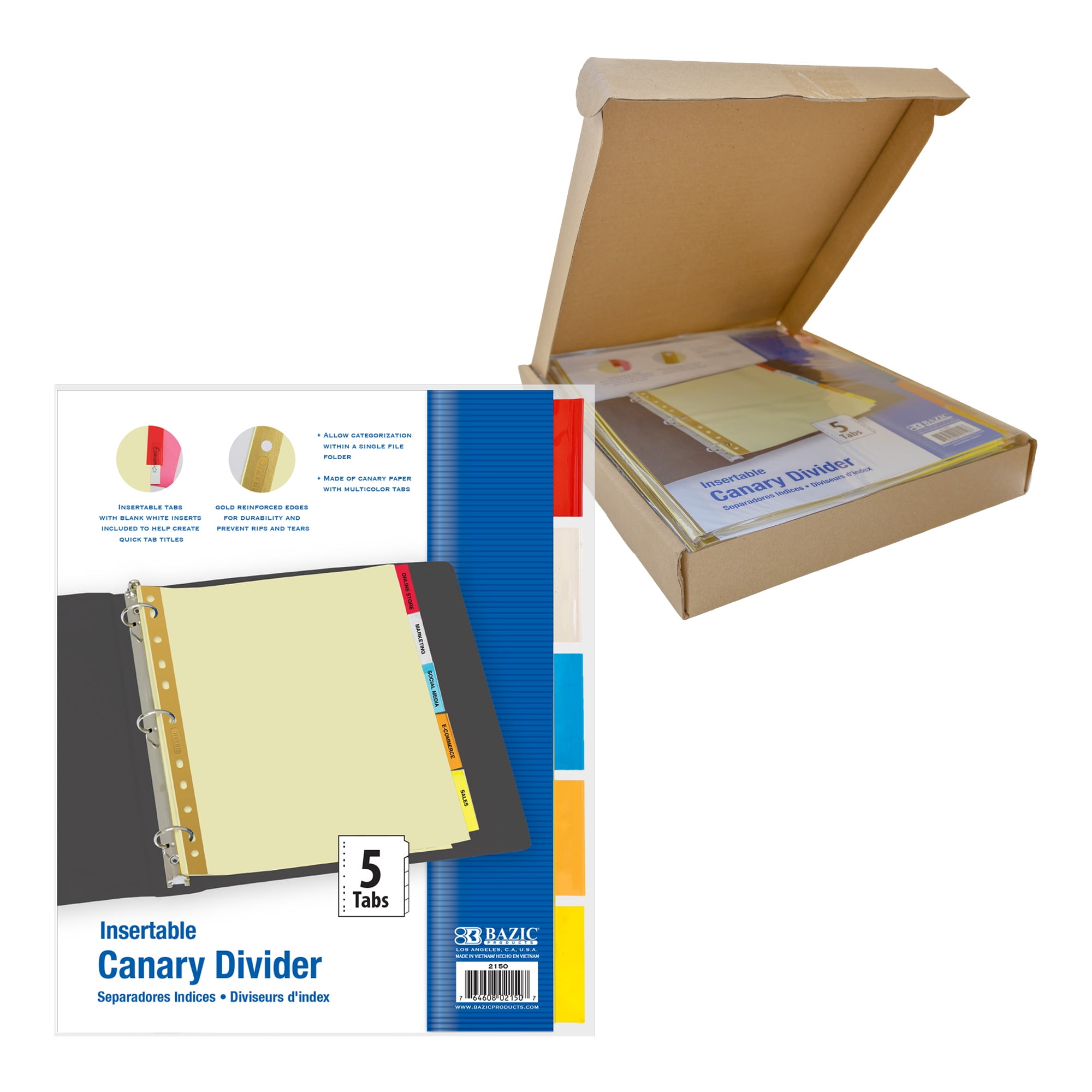 BAZIC Binder Dividers Canary Paper w/ 5 Insertable Color Tabs, 11 Hole